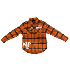 KLEEP Orange Plaid Flannel Button-Up Shirt L Logo Graphic Back‎ “PHRESH” NWT